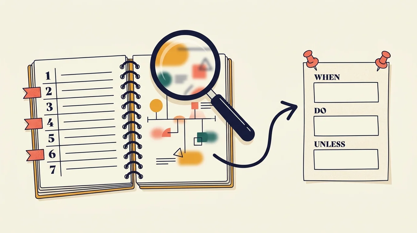 Pixel-art notebook on a desk: a numbered timeline runs down the left page with amber decision-point flags, a magnifying glass hovers above it, and an arrow points to a pinned index card with WHEN / DO / UNLESS fields.